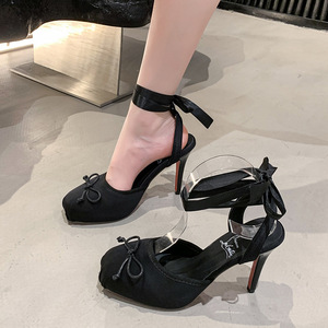Sandali da donna con tacco alto in raso, con lacci, a punta singola, a punta quadrata, aperti dietro, con tacco alto, per primavera estate - Product Image 6