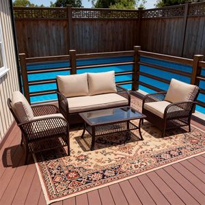 Ensemble de meubles de patio d'extérieur classique de luxe nordique 4 pièces avec coussins imperméables, couleurs personnalisables, table en rotin PE résistant aux intempéries - Product Image 1