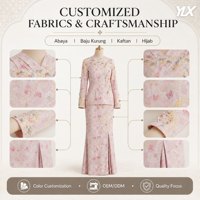Ensemble de vêtements modestes plissés à manches transparentes, vert sauge, motif floral, style Baju Kurung moderne, personnalisé OEM ODM Raya 2026