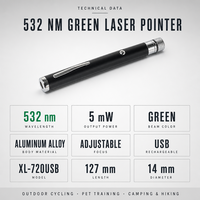 Pointeur laser vert 532nm 5mW rechargeable par USB pour le cyclisme en extérieur et l'entraînement des animaux de compagnie, en aluminium, mise au point réglable