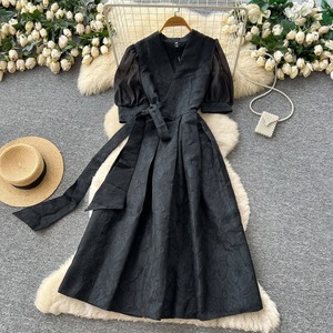 Robe Jacquard pour femme de bureau, de qualité supérieure, élégante, à manches lanternes, col en V, taille cintrée - Product Image 3