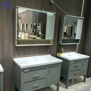 Meuble de salle de bain gris avec miroir intelligent, lavabo blanc, armoire murale - Product Image 5