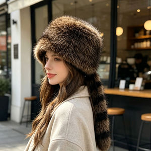 Gorro de invierno cálido de piel sintética con cola, estilo mapache a rayas, gorro ruso esponjoso tipo cosaco, venta al por mayor, MOQ bajo, para personalización - Product Image 2