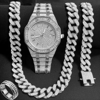 Meilleures ventes : Montre octogonale, Bracelet chaîne cubaine, Collier et Bague pour homme, style Hip-hop Euro-Américain, luxe léger, sertis de zircons