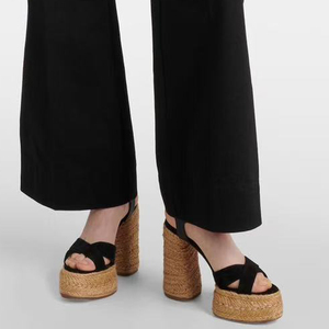 รองเท้าส้นสูงแบบสานด้วยเชือกฟาง สายรัดไขว้ แพลตฟอร์มหนา ปลายเปิดทรงเหลี่ยม รองเท้าแตะแบบสวมสำหรับผู้หญิง พร้อมสายรัดข้อเท้า - Product Image 2