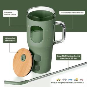 แก้วน้ำ BPA Free ขนาด 32 ออนซ์ แก้วกาแฟแบบใช้ซ้ำได้ ขวดน้ำ ฝาไม้ไผ่ ปลอกซิลิโคน พร้อมตัวบอกเวลา หลอดดูด เป็นมิตรกับสิ่งแวดล้อม - Product Image 3