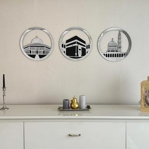 Diseño Circular <span class=keywords><strong>Al</strong></span> <span class=keywords><strong>Aqsa</strong></span> Mezquita Arte de pared islámico Kaaba y Masjid An-Nabawi Set Decoración musulmana para el hogar Eid Mubarak Regalo - Product Image 2