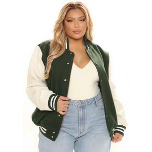 Women's Green White Varsity <b>Jacket</b> Full Sleeve Turn-down Collar Solid Color Polyester Cotton Blend Autumn Wear - Product Image 1