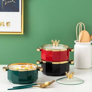 Cuenco de porcelana con tapa transparente para sopa, cuencos de cerámica con borde dorado de 800 ML - Product Image 6