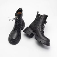 Sepatu Boot Wanita Kulit Sapi Asli Hak Tebal 7.5cm Ujung Bulat Model Musim Gugur/Dingin dengan Tali