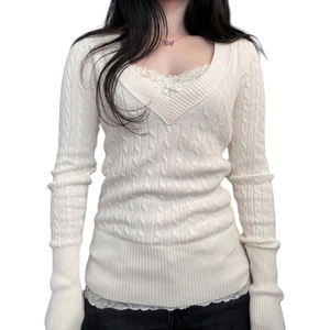 Pull décontracté pour femme en maille torsadée avec col en V et dentelle, couleur unie, style vintage, pour l'automne - Product Image 1