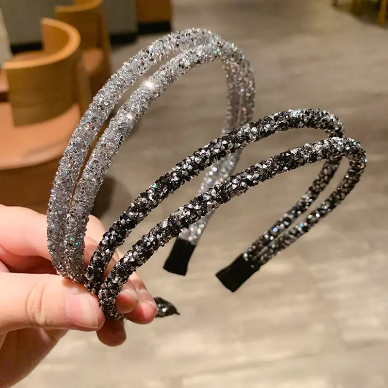 Double sticks chunky glitter sequin fabric hair hoop Korean thin resin hair band accessories Womens bling rhinestone headbands