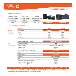 Máy phát điện nhà máy điện JCC1500D5 của Cummins, công suất 1200kW, 1500 KVA, 3 pha, 400V, sử dụng động cơ KTA50-G12A công suất cao cho nhà máy. - Product Image 6