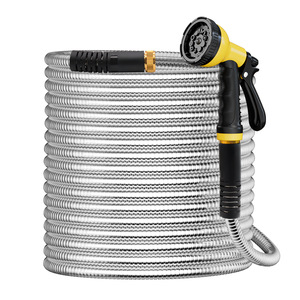 Yereen Tubo da giardino in metallo, 2,5 m, tubo da giardino in acciaio inox 304 con raccordi da 3/4 e ugello a 2 funzioni, tubo flessibile da giardino per acqua esterna
