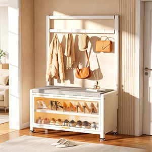 <span class=keywords><strong>Perchero</strong></span> Independiente con Banco para Zapatos 3 en 1, Mueble Zapatero Antipolvo y Colgador de <span class=keywords><strong>Abrigos</strong></span> para la <span class=keywords><strong>Entrada</strong></span> del Hogar - Product Image 1