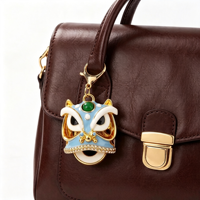 Porte-clés en émail tête de lion chinois plaqué or 18 carats, accessoire de mode créatif pour la fabrication de breloques de sac DIY