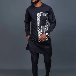 Afrikaanse Mannen Dashiki Lange Mouw 2 Delige Set Traditionele Afrika Kleding Gestreepte Herenpak Heren Overhemd Broek Pakken Zwart (M-4XL)