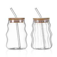 Lot de 4 verres en verre borosilicate de haute qualité, faits à la main, pour café glacé, canettes de bière, avec couvercle et paille