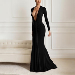 Abito da sera elegante monocolore <span class=keywords><strong>autunno</strong></span> 2025 nuovo modello transfrontaliero con scollo a V profondo, vita definita, sexy, con fiocco e maniche lunghe a coda di pesce, per il tempo libero e occasioni speciali - Product Image 3