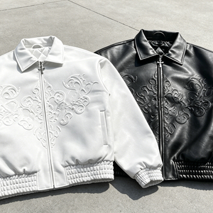 Veste de moto streetwear respirante sans couture avec logo personnalisé imprimé, motif personnalisé, cuir PU noir - Product Image 1
