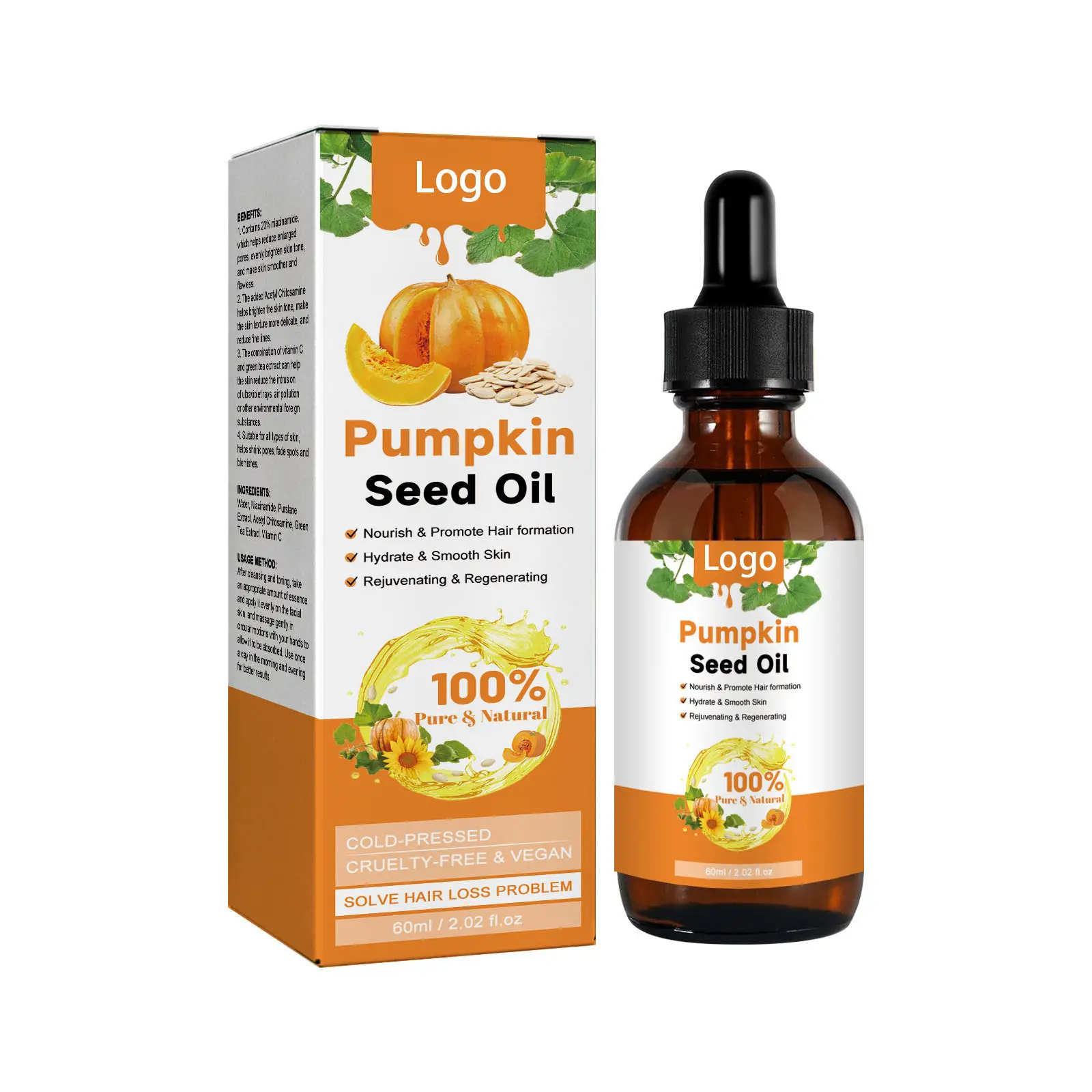 100% Pure Cold Pressed Moisturizer Smooth Skin Organic Pumpkin Seed Oil Boost Hair Growth for Eyelashes,Eyebrows & Hair