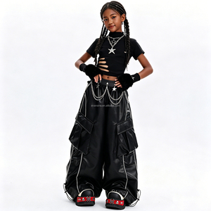 Conjuntos de Ropa Hip Hop Personalizables para <span class=keywords><strong>Niñas</strong></span>, Top Corto Desgastado, Pantalones Cargo de Piel Sintética, Ropa de Baile para Niños - Product Image 4