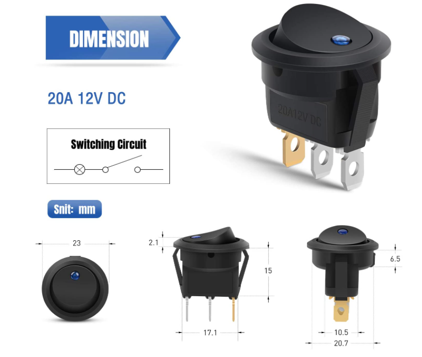 Interruttore A Levetta Rotondo Con Luce LED 12V 20A - Blu/Rosso ON/OFF 3 Pin Per Auto E Barca