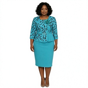 Ensemble de robe deux pièces élégante pour femmes, grande taille, imprimé géométrique bleu sarcelle, avec ceinture et manches trois quarts, jupe crayon longueur genou - Product Image 1