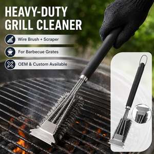 <b>BBQ</b> Grill <b>Cleaning</b> <b>Brush</b> with Scraper Long Handle Wire <b>Brush</b> for Barbecue Grate Outdoor Grill Cleaner OEM Wholesale - Product Image 1