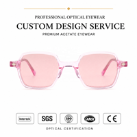 Lunettes en acétate rose transparent, monture géométrique hexagonale, mode féminine, détail diamant argenté