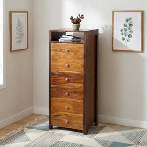 Commode de chambre à coucher T Contrast à 6 tiroirs en teck massif, style moderne du milieu du siècle, avec structure en acier et design autoportant - Product Image 2