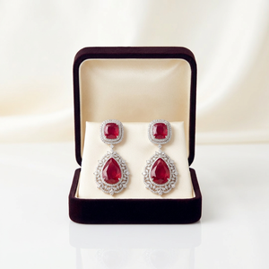 Boucles d'oreilles pendantes en argent 925 avec rubis et diamants ronds taille brillant sertis à griffes, pierres de naissance de juillet, luxe, tendance, pour femme, mariage - Product Image 3