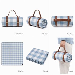 Portable Blue White Gingham Picnic Blanket Waterproof <b>Outdoor</b> Beach <b>Mat</b> with Foam Carrying Strap Handle - Product Image 3