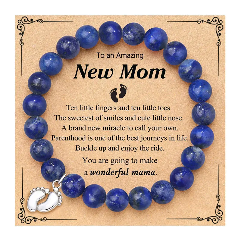 New Mom Pregnant Mommy Natural Stone Bracelet Custom Lapis Lazuli Feet Pendant Beaded Bracelet For Congratulations