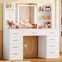 Miroir de maquillage LED minimaliste moderne avec prise de courant, 7 tiroirs, 4 étagères, 5 crochets, pour chambre et salle de bain, blanc