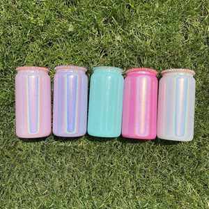 16Oz Blank Sublimation Rainbow Shimmer Glitter Clear Sparkling Coffee Cup <b>Beer</b> Can Shaped Glass With Rhinestone Lid - Product Image 1