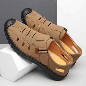 Men's Genuine Leather Closed Toe <b>Flat</b> <b>Sandals</b> Breathable Hook Loop Casual Summer Outdoor Driving Shoes - Product Image 4