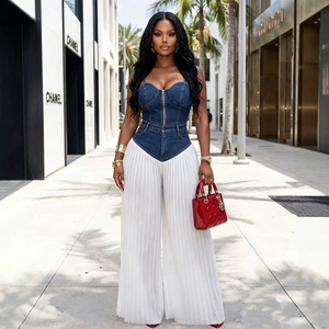 Bộ đồ nữ thời trang mùa hè: Áo <span class=keywords><strong>cami</strong></span> cổ V phối denim xếp ly và quần chiffon, phong cách châu Âu, hai mảnh - Product Image 2