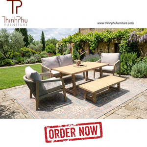 Juego de Muebles de Exterior de Lujo Contemporáneo, con Estructura de Madera de Acacia y Mimbre, Tela Impermeable, para Jardín, Hotel, Sofá, Mesa de Comedor y Sillas - Product Image 4