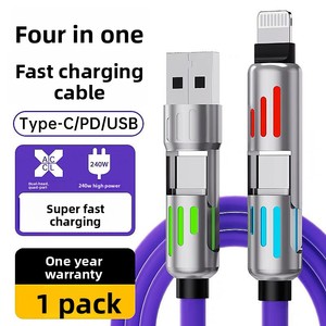 Cable de Carga Rápida 4 en 1 de 2 m y 240 W, Tubo de Luz RGB, Cable de Carga Multiinterfaz, Apto para Todos los Teléfonos Inteligentes - Product Image 6