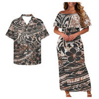 Offre Spéciale : Tenues Assorties Fantaisie Marron à Imprimé Polynésien pour Couples – Robes Samoa Puletasi Épaules Dénudées pour Femmes et Chemises Luau pour Hommes