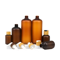 Botol Plastik PET Amber Berlapis Embun Beku dengan Tutup Bambu, Wadah Kosmetik Isi Ulang untuk Sampo, Losion, Perawatan Kulit