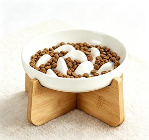 Customizable Ceramic Pet Feeding Bowls Elevated Bamboo Stand Luxury <b>Cat</b> Slow <b>Feeder</b> Bowl - Product Image 1