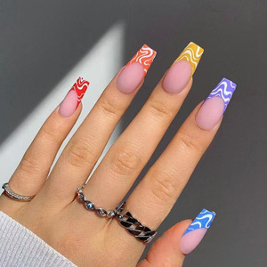 Amazon Hot 24Pcs/box With Glue Artificial Fingernails French Designer Press On Nails Vendor Color Ripple Ballerina Nail Tip