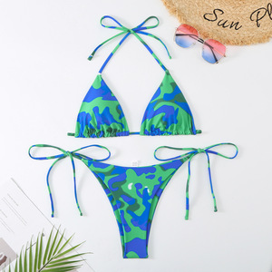 Ensemble bikini deux pièces pour femme, imprimé, haut dos nu à nouer, bas string, maillot de bain extensible en Spandex et Polyester, tenue de plage - Product Image 6