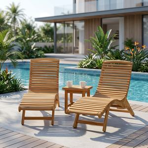 Solid Teak Wood Outdoor Sun Lounger <b>Set</b> 3 Piece Ergonomic Curved Patio Reclining Chairs with Side Table - Product Image 2