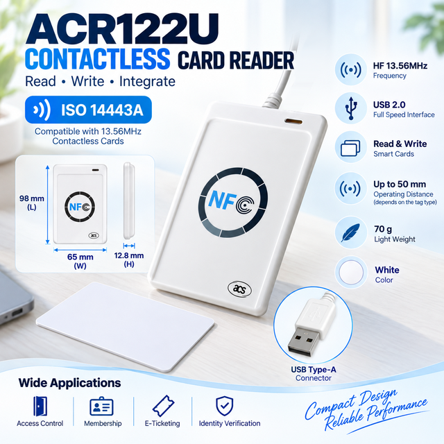 ACR122U 13.56MHz NFC Reader Writer ISO14443A USB 2.0 CCID Plug and Play ABS Compact for Access Control Card Programming