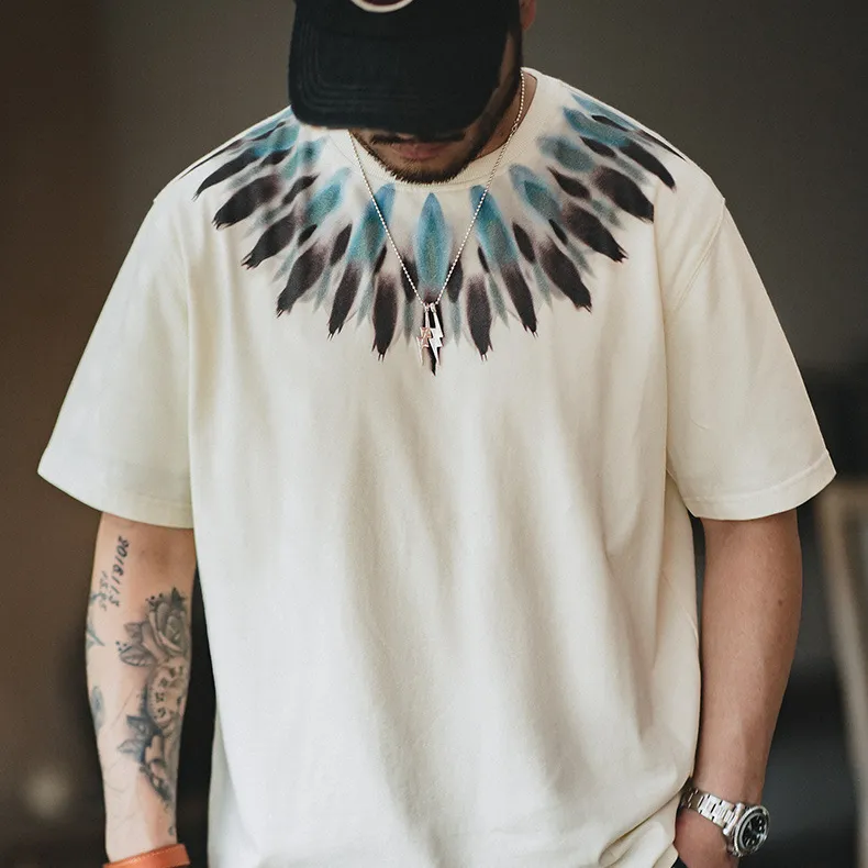 High quality 100% Cotton 2023 summer aztec feather men short sleeve t shirts