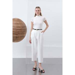 Puane Women's Ecru Pleated Trousers, Soft <b>Flowy</b> Fabric, Elegant and Comfortable for All Seasons, Versatile Style - Product Image 1