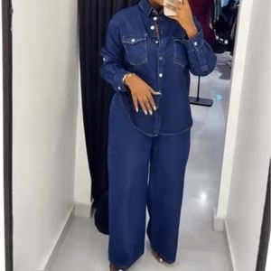 Completo Due Pezzi da Donna Sehe Fashion Nuovo con Cardigan Bavero e Tasche, Top a Maniche Lunghe e Pantaloni a Gamba Dritta in Denim - Product Image 3